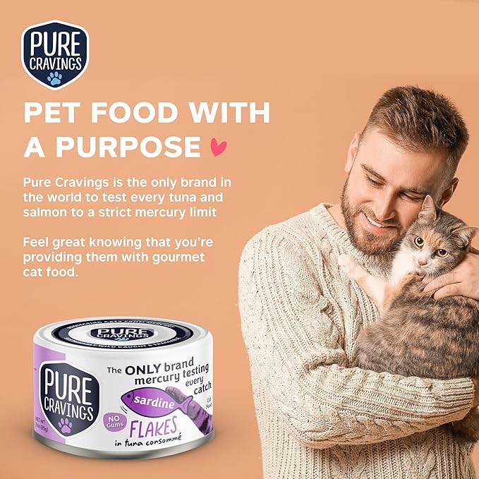 Sardine Flakes in Tuna Consommé, Canned Wet Cat Food Soup, 100% Mercury-Tested, Moist Can Fish, Grain-Free Protein, Non-GMO, 3oz, Pack of 12