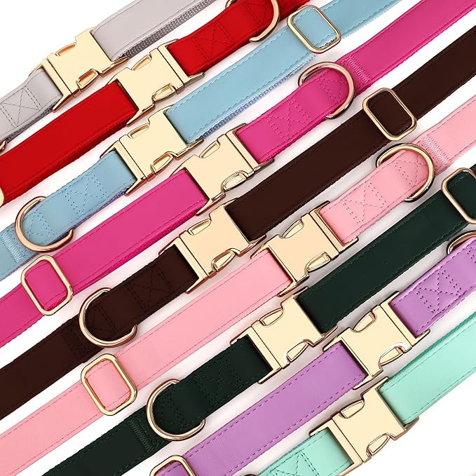 PET ARTIST PU Leather Dog Collar, Bright & Stylish Brown Dog Collar with Quick Release Gold Metal Buckle, Soft Nylon Padded Durable Pet Collars Adjustable for Large Dogs, Neck Fit 16-27"