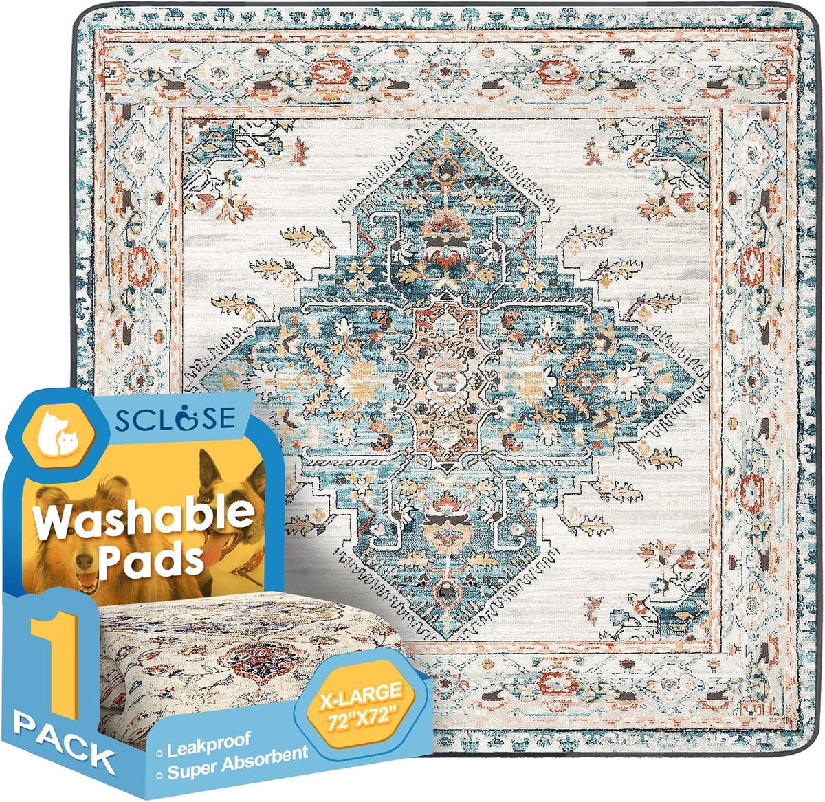 Washable Pee Pad for Dogs - Blue Medallion / 72" x 72" (1 Pack)