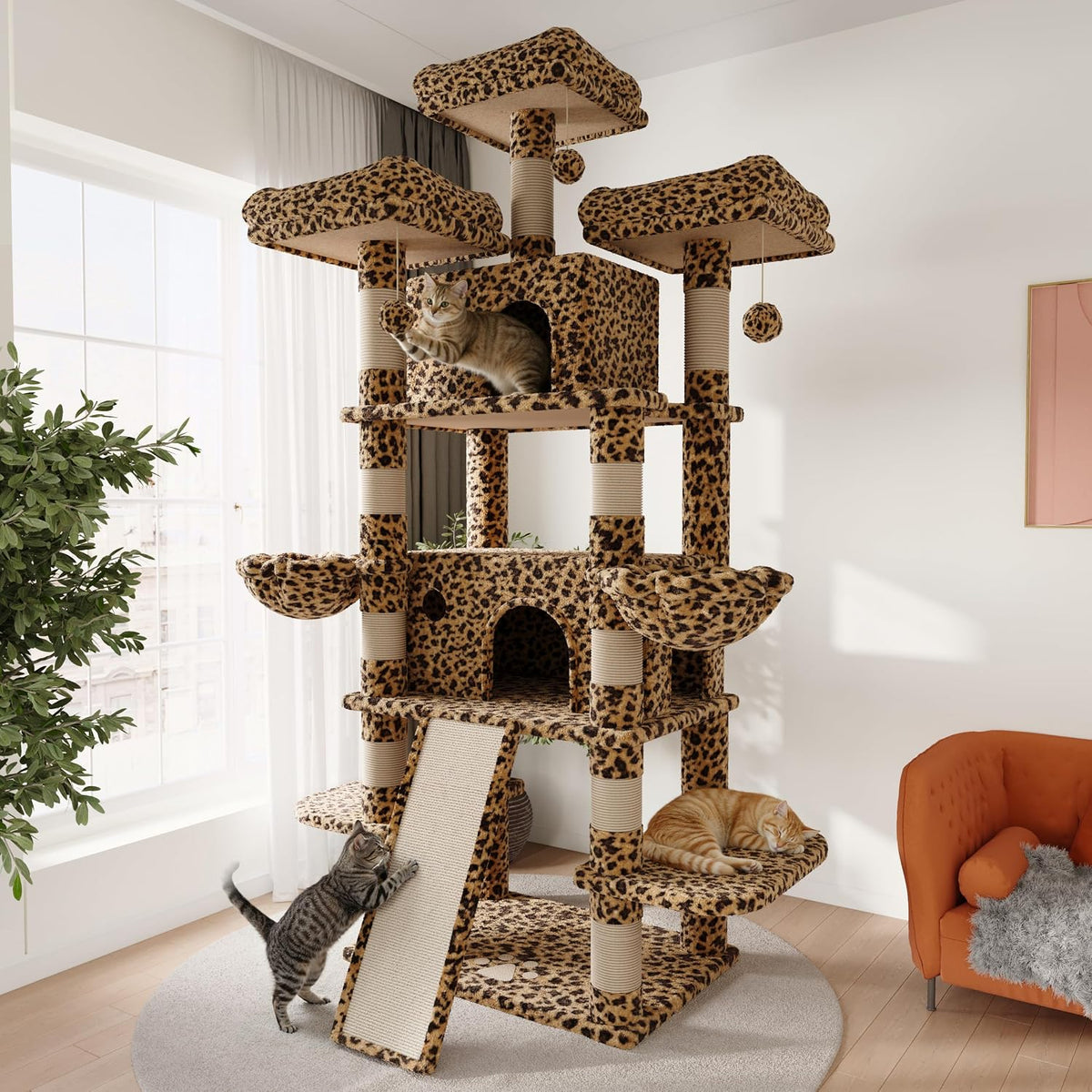SHA CERLIN 68 Inches Multi-Level Large Cat Tree for Large Kitties/Big - 81in / Leopard Print