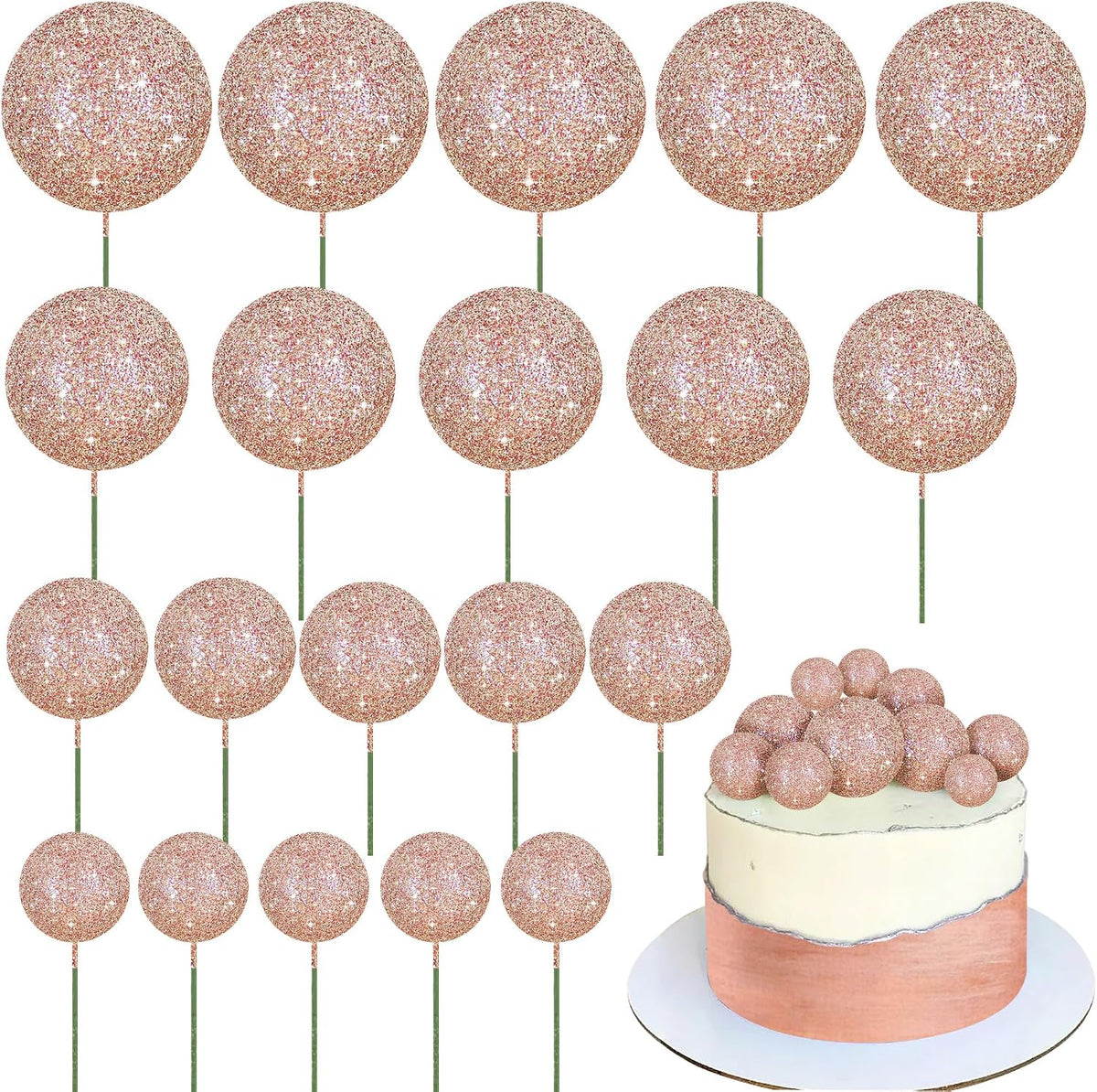 BEISHIDA 20 PCS Gold Mini Ball Cake Toppers Foam Cake Balls - Glitter-rose Gold