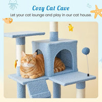 MWPO Ocean-Themed Cat Tree for Indoor Cats, 63.8 Inches Multi-Level Tower with Sisal-Covered Scratching Posts, Padded Platform, Hammock, Dangling Toys, Stable Condo Pet Play House, Blue