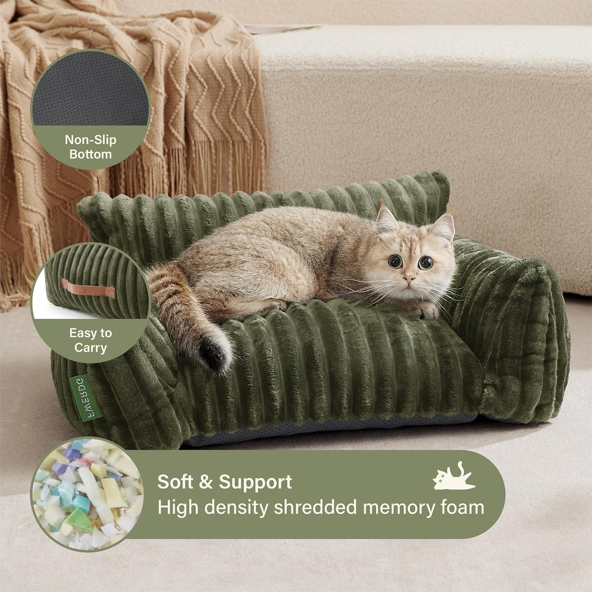 Cute Couch Bed for Pets, Supportive Cat Sofa for Indoor Cats - 30.0"L x 20.0"W x 10.0"Th / Green - image 4