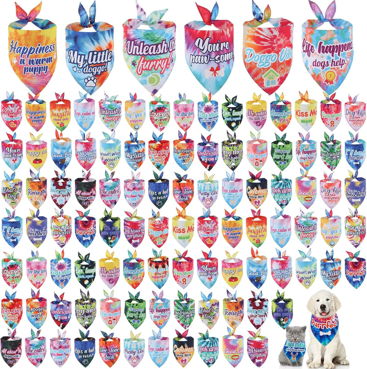 Sweetude 100 Pcs Dog Bandanas Bulk Triangle Bibs Adjustable - Tie-Dye