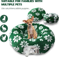 Cat Tunnel for Indoor Cats, Cute Peekaboo Cat Cave with Dangling Balls, Pet Donut Tunnel Bed with Circle Mat for Puppy Kitten Rabbit, Green Flower