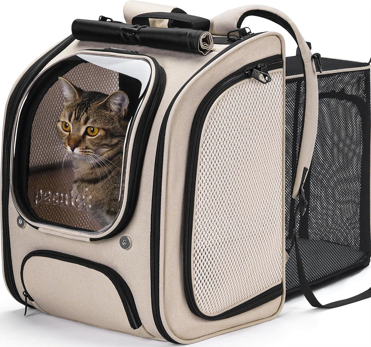 Pecute Cat Backpack Carrier, Large Space Cat Bubble Backpack - Khaki(Expandable) / 12.6"L x 10.2"W x 16.5"H