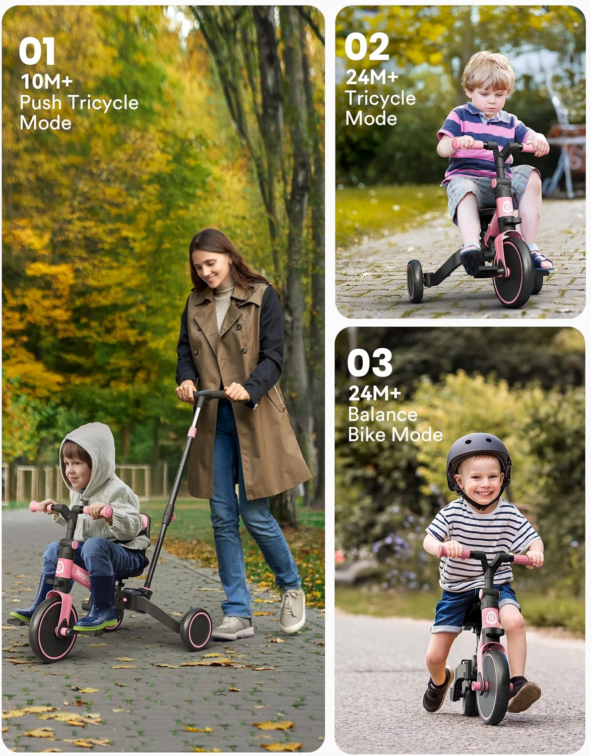 besrey Folding Toddler Tricycle-to-Balance Bike with Push Handle - Pink - image 3