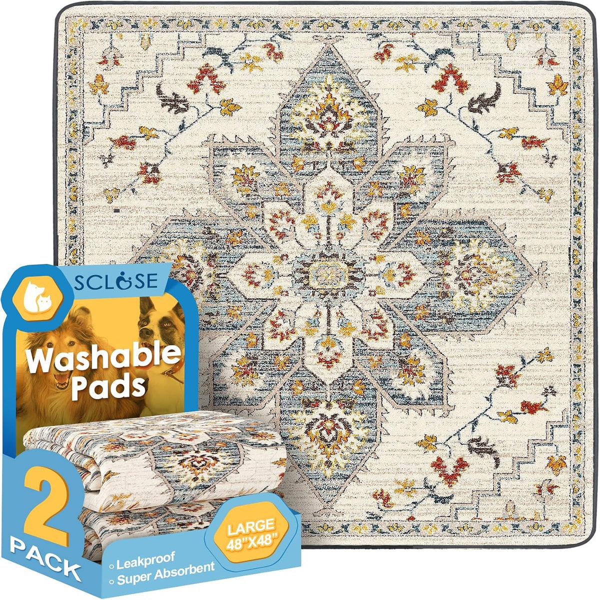 Washable Pee Pad for Dogs - White Medallion / 48" x 48" (2 Pack)
