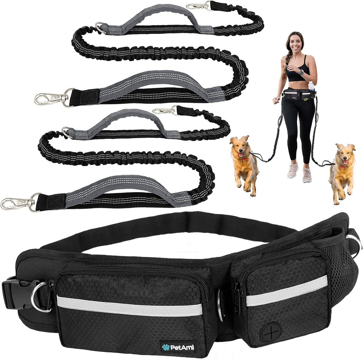PetAmi Hands Free Dog Leash with Waist Running Belt Bag, Single – Essentials for Dogs - 2 Leashes / Black