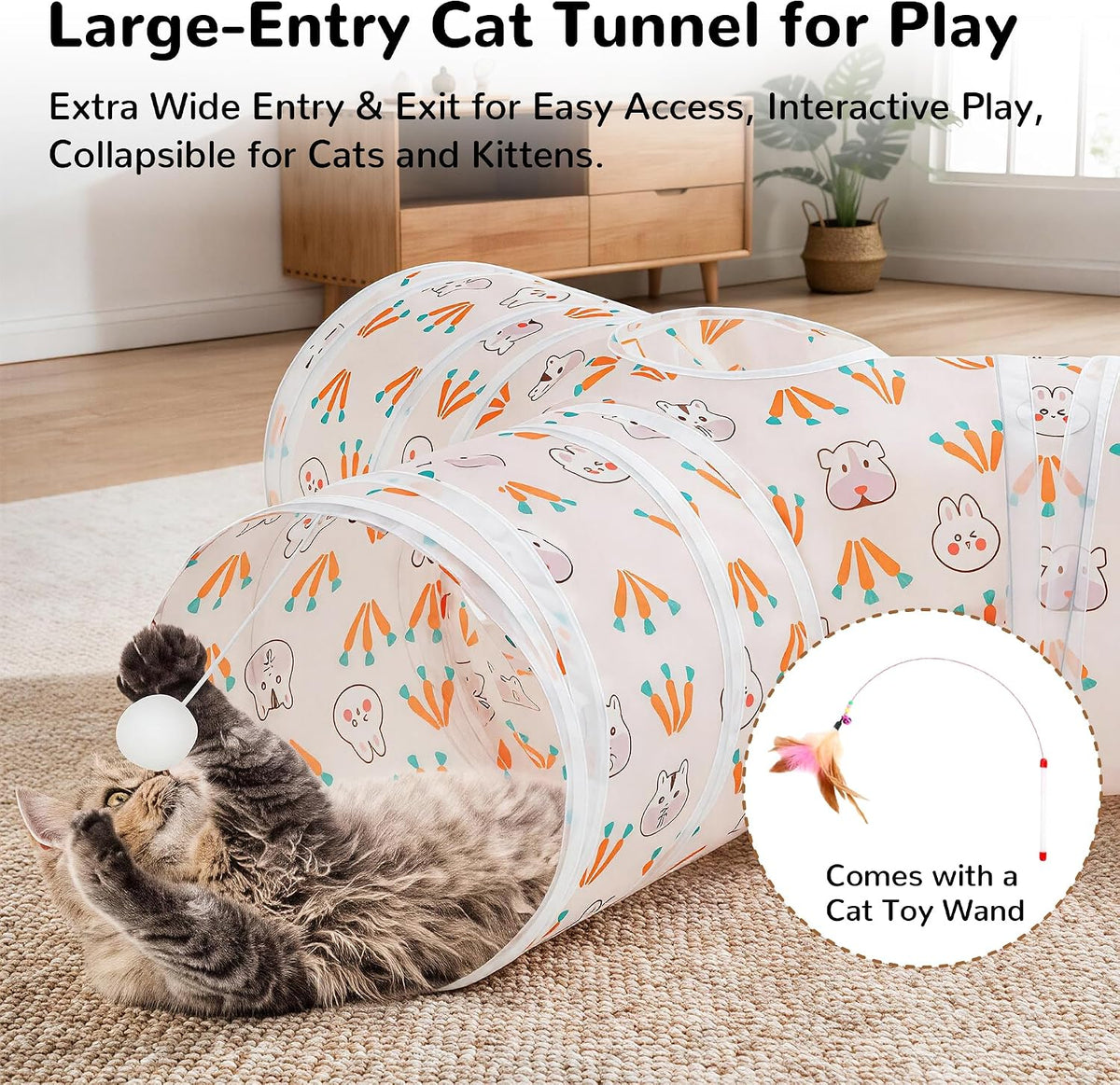 Tempcore Cat Tunnel, 3-Way Collapsible Toy for Indoor Cats - Pink Rabbit / Small - image 3