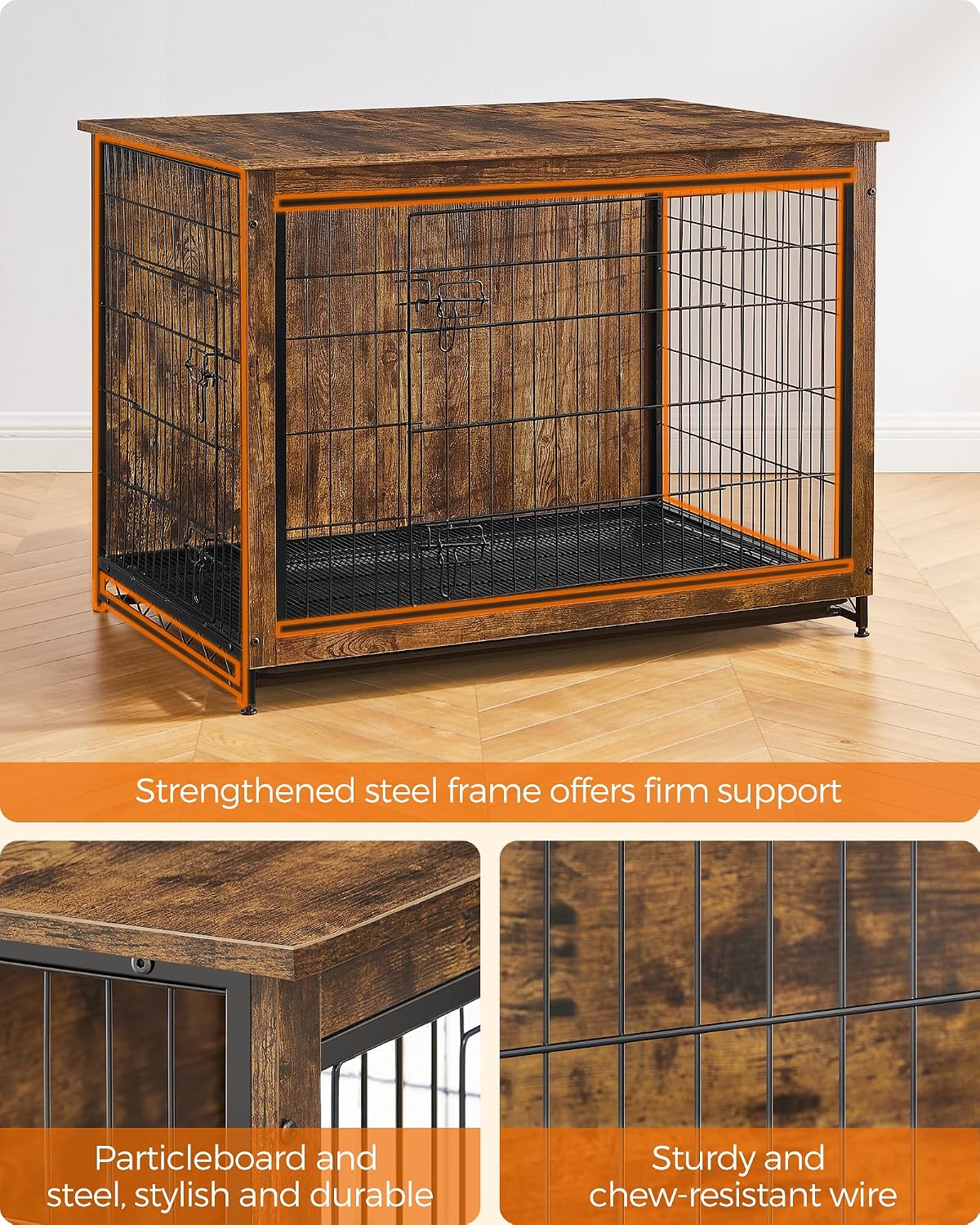 Feandrea 27.2" Dog Crate Furniture - Rustic Brown / 44.1"L x 29.5"W x 32.3"H - image 3