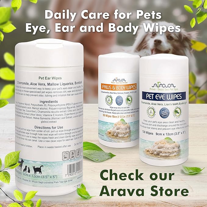 Arava Ear Cleaner Wipes for Dogs Cats Puppies Kittens - 100 Count - Natural Medicated Cleansing Deodorizer - Removes Dirt Wax - Pet Wipes for Cat Ear Cleaning, Dog Ear Cleaner
