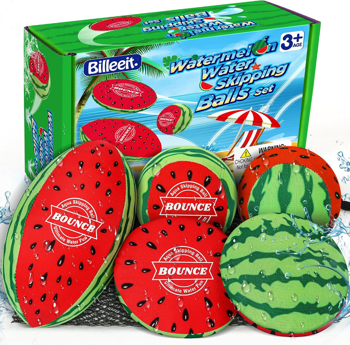 Billeeit. 5Pcs Rainbow Water Skipping Balls Set for Pool - Watermelon