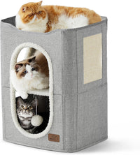 Bedsure Cat House Bed for Indoor Cats with Fluffy Ball and Scratch Pad - Grey / Double