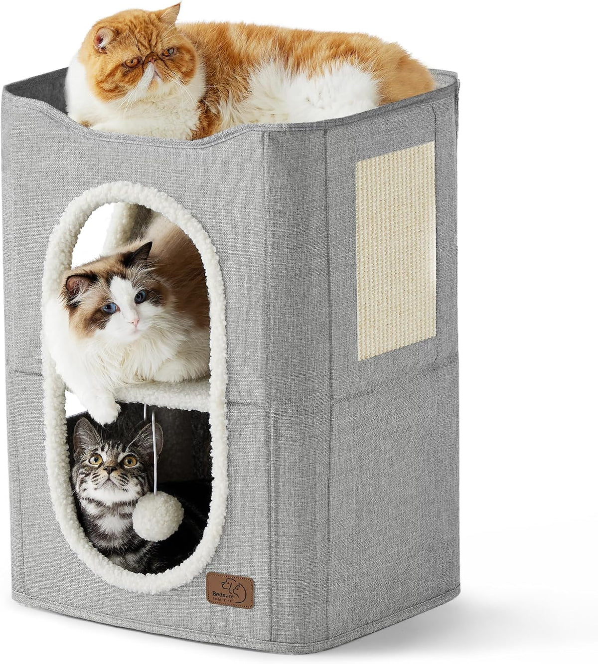 Bedsure Cat House Bed for Indoor Cats with Fluffy Ball and Scratch Pad - Grey / Double