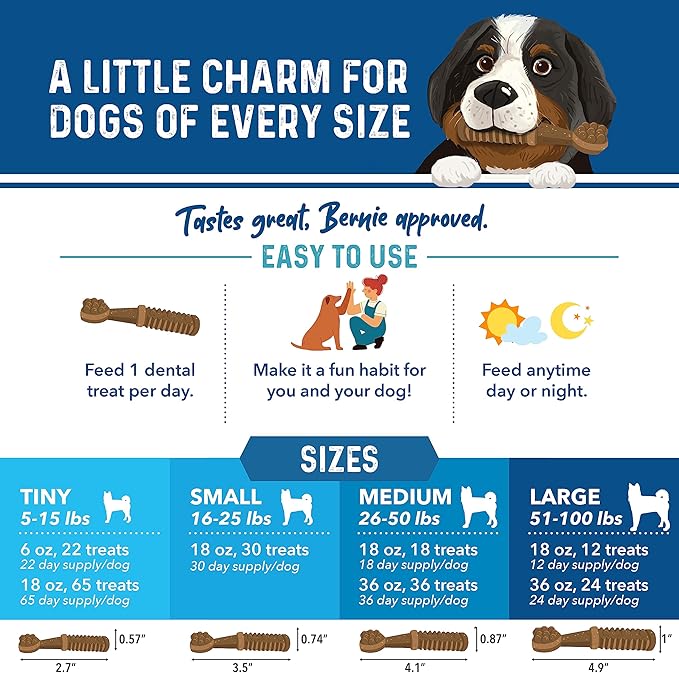 Bernie's Charming Chompers - Daily Dental Chews for Dogs 50-100 Lbs. - 12 Count - Cleans Teeth, Freshens Breath, + Boosts Oral-Gut Microbiome. Easy to Digest, Supports Healthy Digestion Naturally