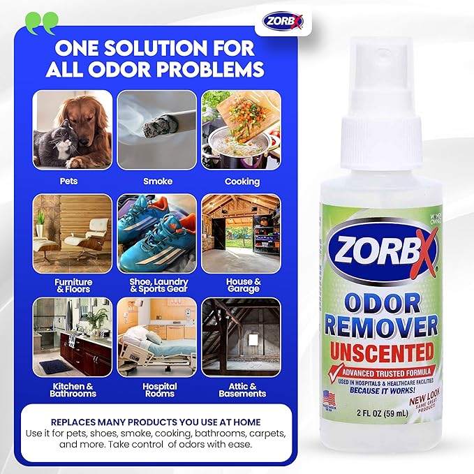 ZORBX Unscented Odor Eliminator for Strong Odor 2 Oz, Pack of 24 - Used in Hospitals & Healthcare Facilities - Advanced Trusted Formula, Fast-Acting Odor Remover Spray for Dog, Cat, House & Carpet