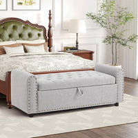 Ottoman with Storage, Tufted Storage Bench for Bedroom, 48" Fabrics End of Bed Bench, Upholstered Entryway Shoe Benches with Rolled Arm & Inner Zipper, Window Ottomans Chest with Rivets, Light Grey