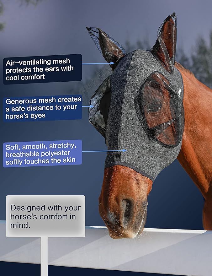Horse Fly Mask with Ears, UV Protection Mask for Horses, Elasticity Mask with Big Mesh Eye Covers, Snug Fitting Comfortable Breathable Lightweight Dappled Gray Full Size