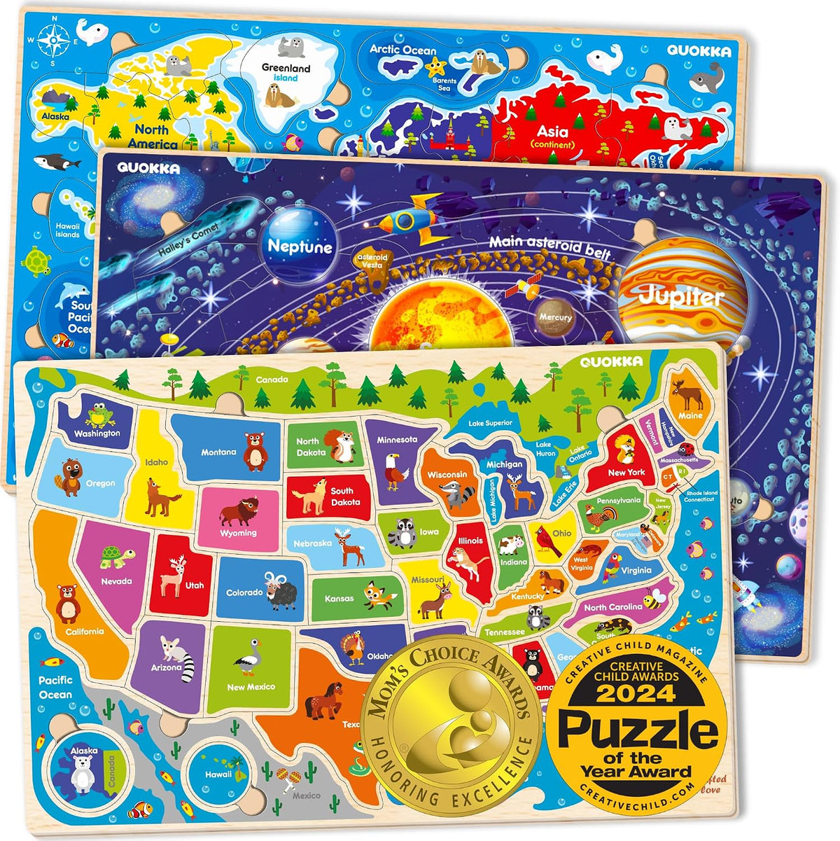 US Map Puzzles for Kids Ages 4-6 - Realistic Wood Maps x3