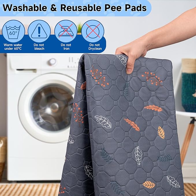 Sunheir Washable Pee Pads for Dogs 2-Pack Reusable Puppy Pads Pet Training Pads, Waterproof Dog Pee Pads for Crate, Whelping Pad, Non-Slip Protects Against Urine Leakage (Leaves - Deep Grey, 24x36)