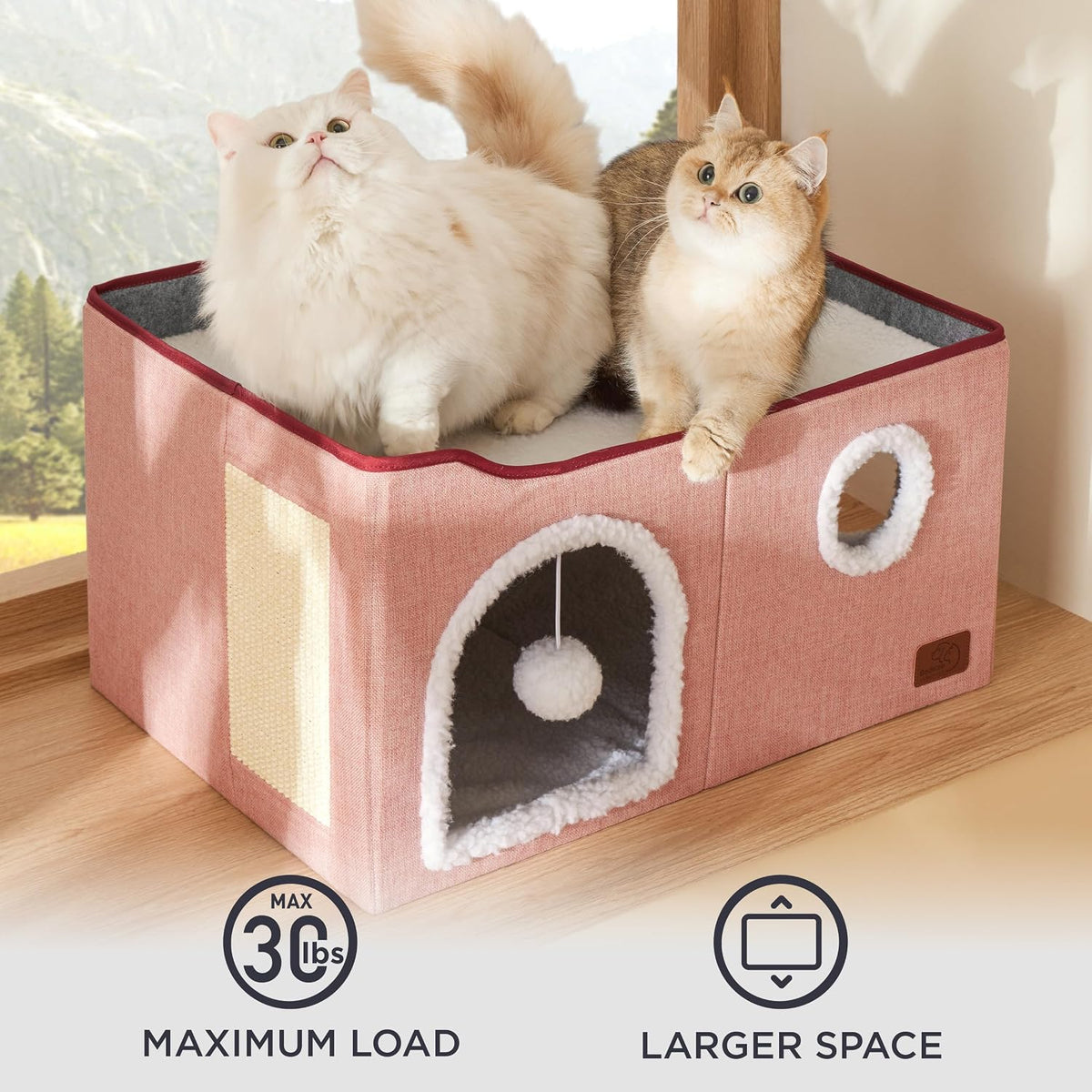 Bedsure Cat House Bed for Indoor Cats with Fluffy Ball and Scratch Pad - Pink / Widen - image 4