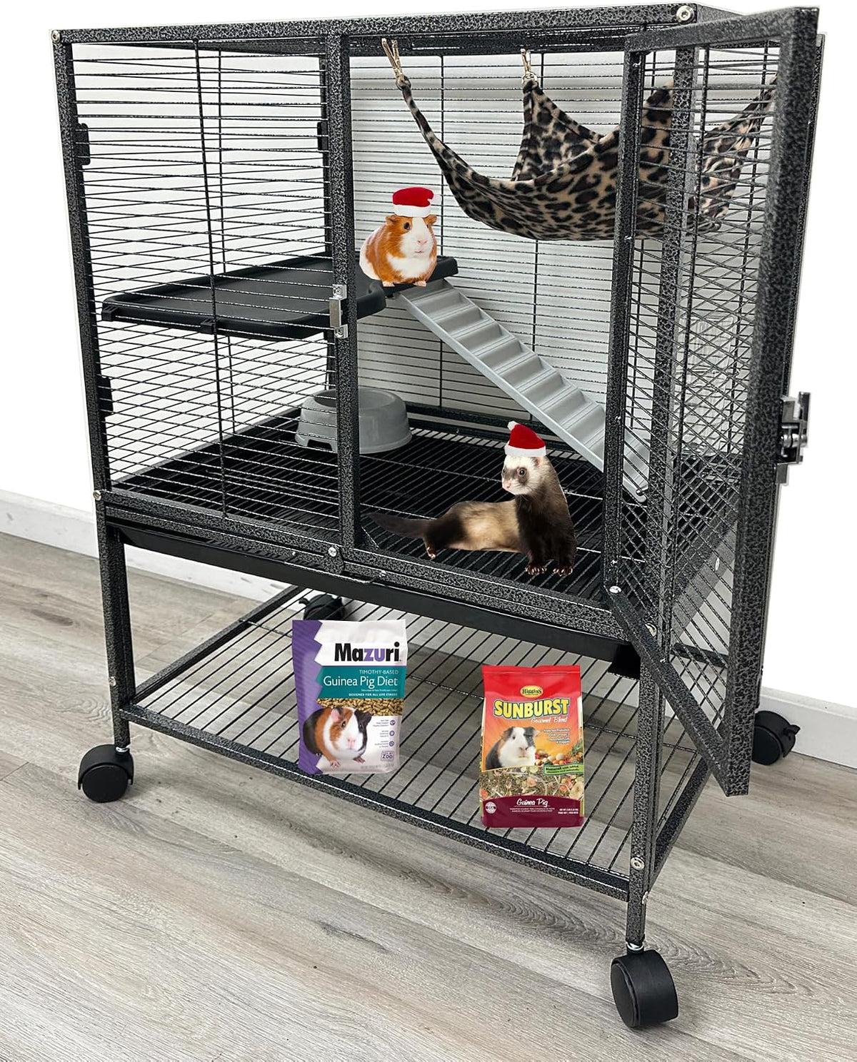 Deluxe Double Unit Two Full Story Small Animal Critter Home Rolling - Black Vein / 2 / 24"L x 17.5"W x 34"H
