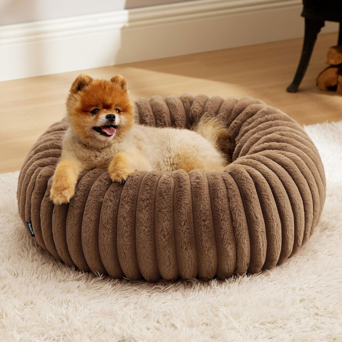 Bedsure ComfyFleece Donut Dog Bed Medium Size Dog with Washable Cover – Essentials for Dogs - S (23x23x7) / Camel Brown