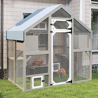 Cat Catio Outdoor Enclosure for Multiple Cats, Large Wooden Walk-in Cat House with Window Connection, 2 Condos, Platforms, Doors, and Weatherproof Roof Cover (69.5" L x 47" W x 71" H)