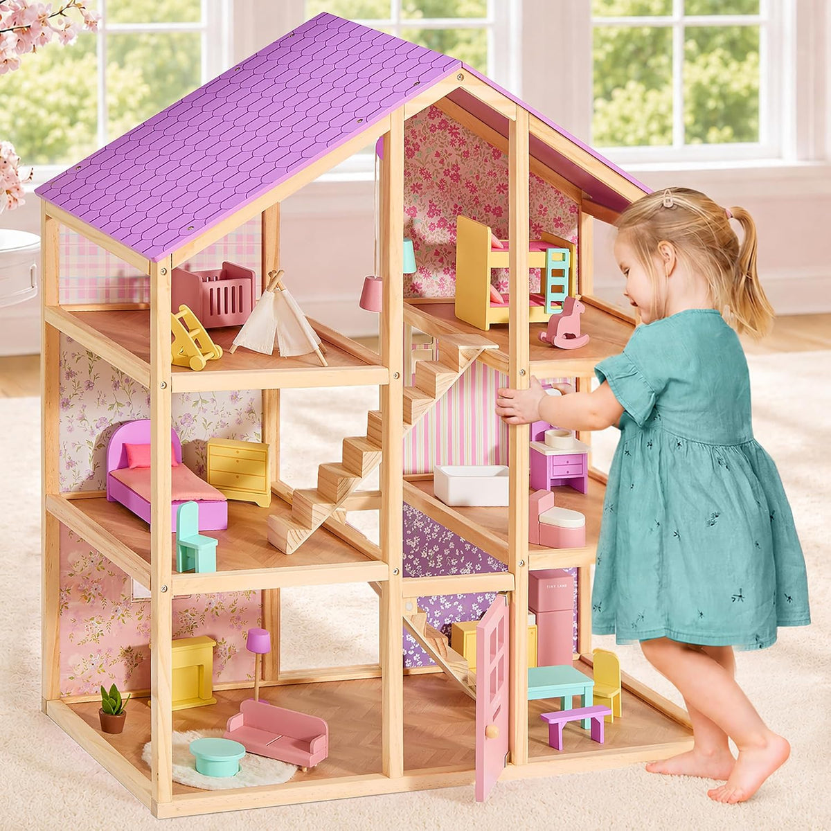 Tiny Land Wooden Dollhouse for Girls, 6 Rooms Wooden Doll House - Unicorn Purple