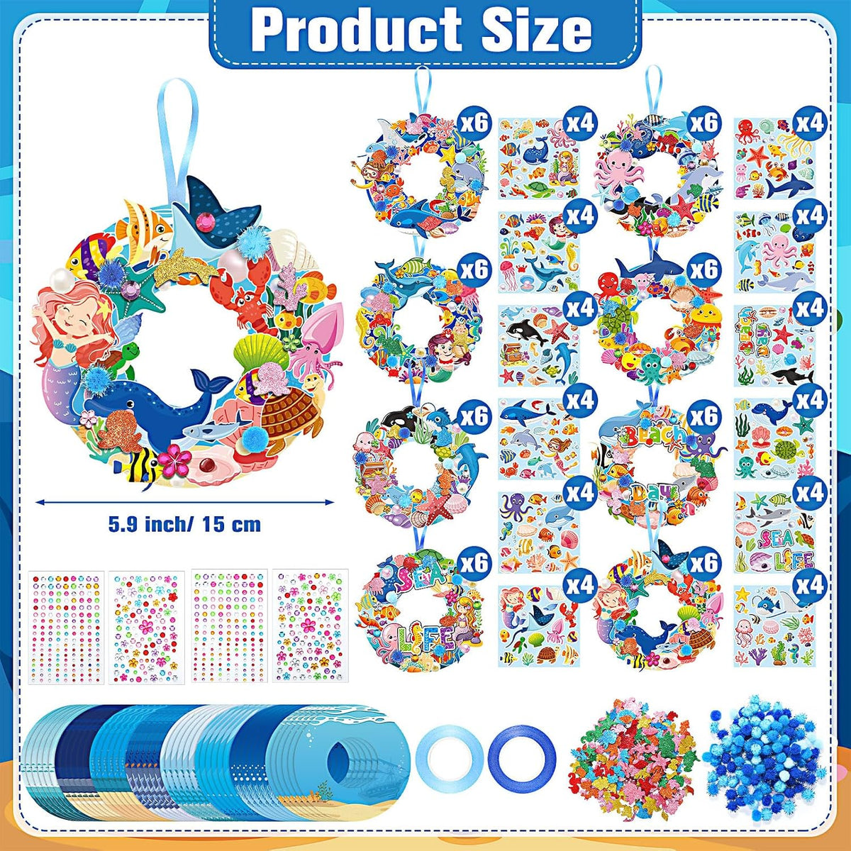Hollowfly Thanksgiving paper wreath craft kits with gem stickers, ribbons and wool balls - view 17