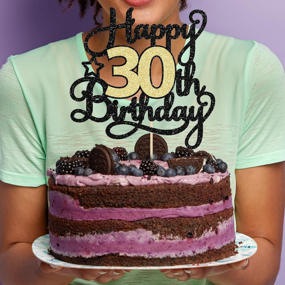 1Pc Happy 80th Birthday Cake Topper Black Gold Glitter Cheers to 80 - 30th - image 4