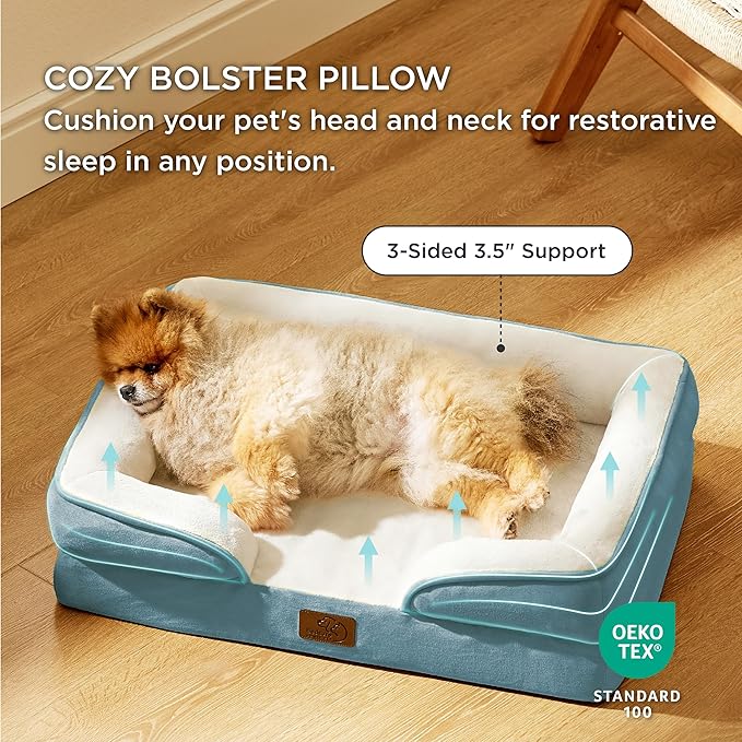 Bedsure Orthopedic Dog Beds for Small Dogs - Washable Small Dog Cat Bed Waterproof, Comfort Pet Couch Sofa with Washable Removable Cover, Pets Bed with Nonskid Bottom, Dune Haze Blue, 24"