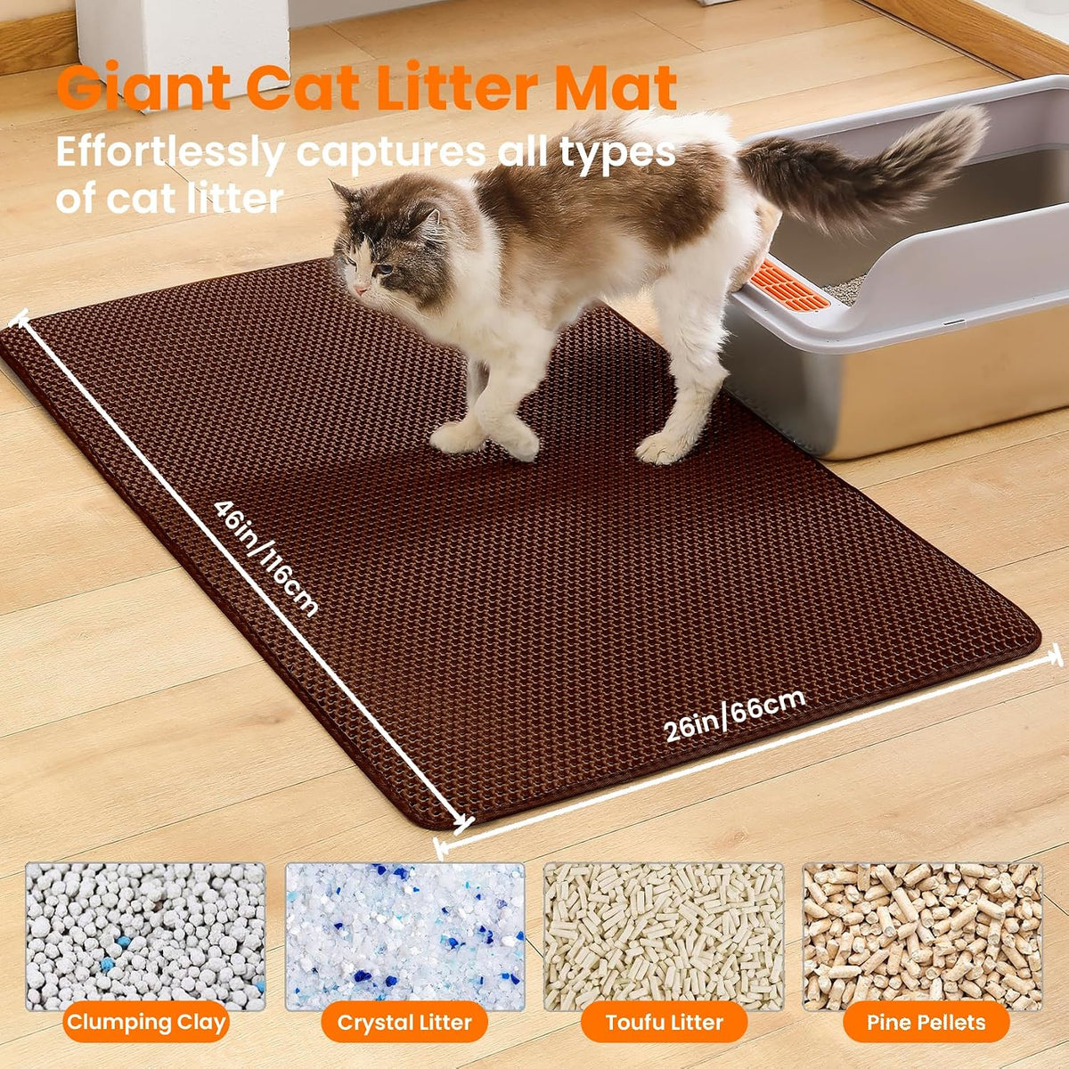 Cat Litter Mat, Double Layer Honeycomb Litter Box Mat – Daily Care for Cats - 46x26 Inches / Brown - image 2