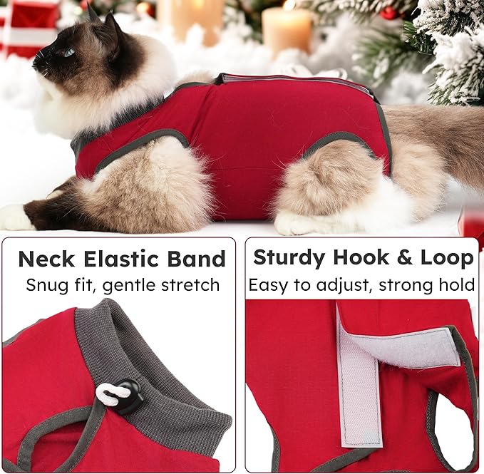 Cat Recovery Suit for Spay Abdominal Wounds, Kitten Onesie Bodysuit for Cats After Surgery, Cat Surgery Recovery Suit Female Cone of Shame Alternative for Cats Anti Licking (Red,M)