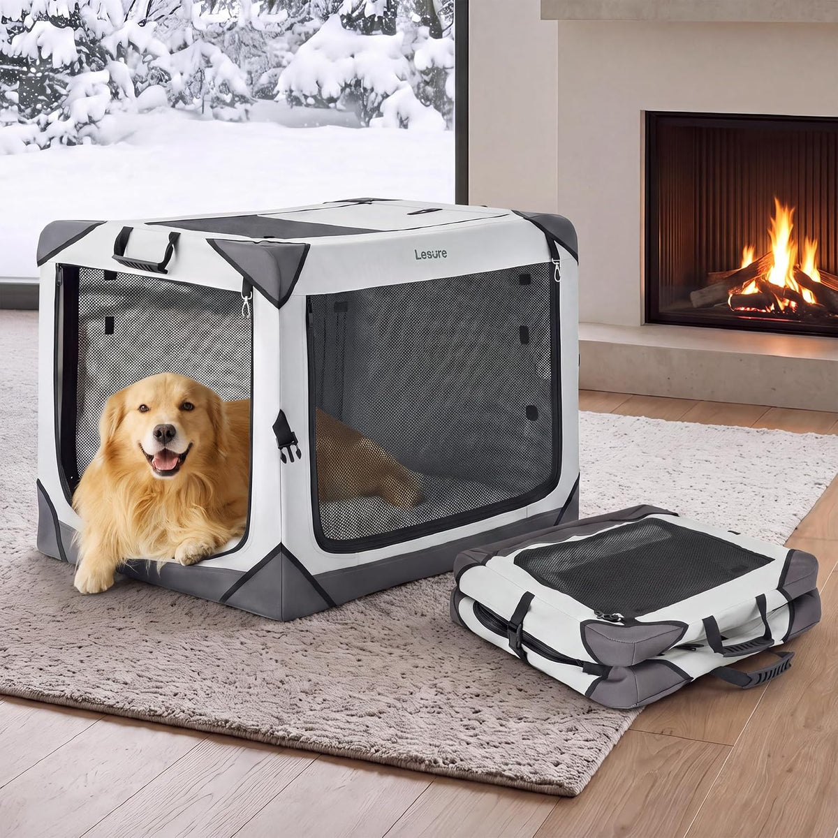Lesure Portable Soft Collapsible Dog Crate for Large Dogs - Light Grey / 42.0"L x 28.0"W x 30.0"H