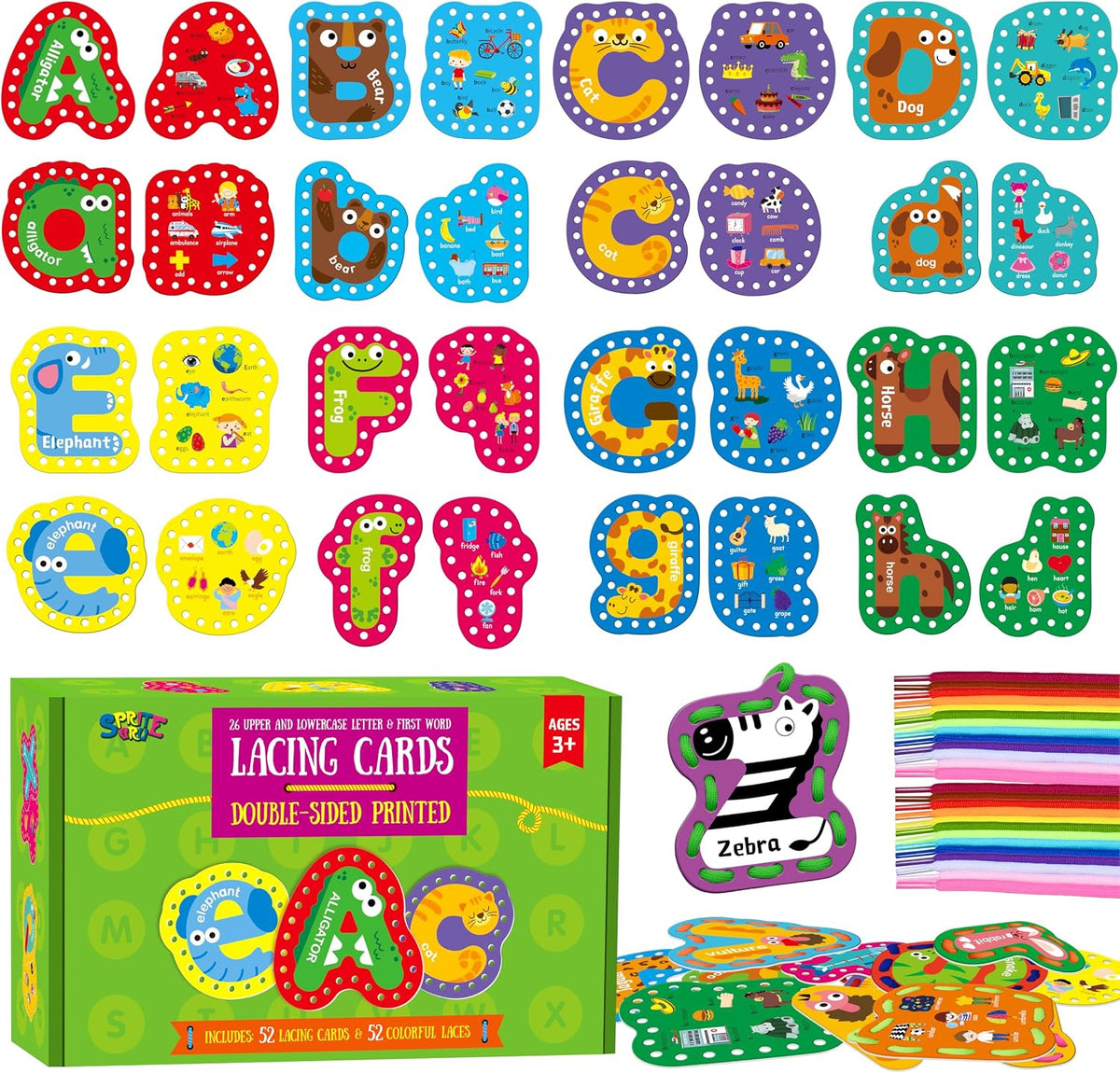SpriteGru 9 Pieces Kids Lacing Cards - 52 Uppercase & Lowercase Letters