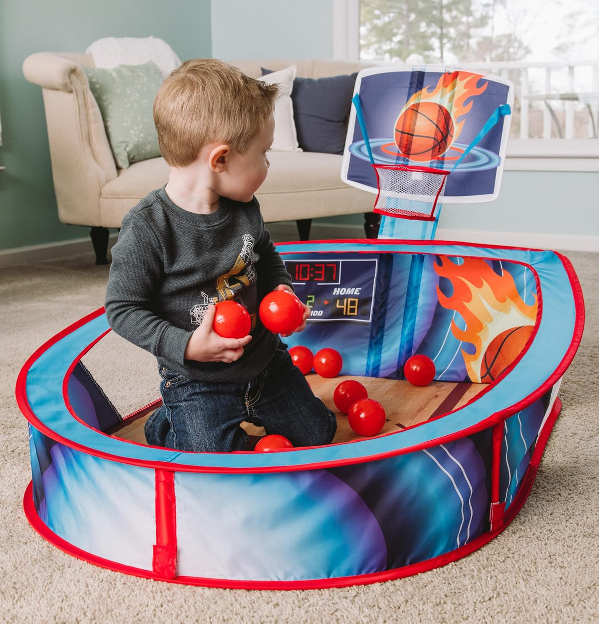 Acorn Avenue pop-up basketball ball pit tent with hoop and 20 soft mini basketballs for toddlers - view 3
