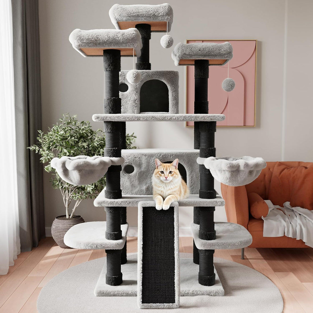 SHA CERLIN 68 Inches Multi-Level Large Cat Tree for Large Kitties/Big - 68in / Black & Grey - image 2