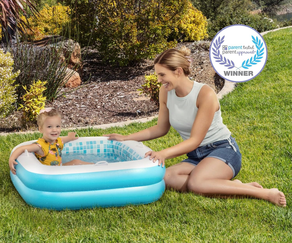 3-in-1 Inflatable Baby Pool, Safety Secure Grip Handles - 34" Square Summer Blue - image 2