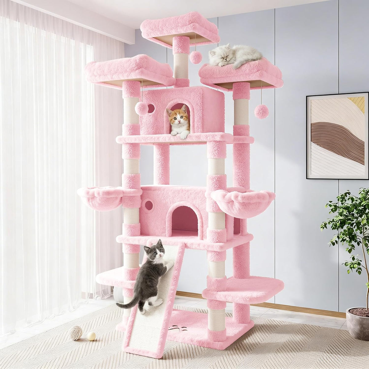 Allewie 68 Inches Cat Tree/House and Towers for Big Feline/Scratching - 82 in / Pink