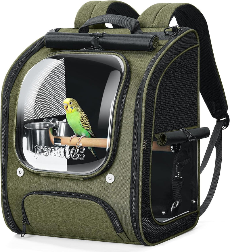 Pecute Bird Backpack Carrier with Standing Perch for Small Parrot - Green