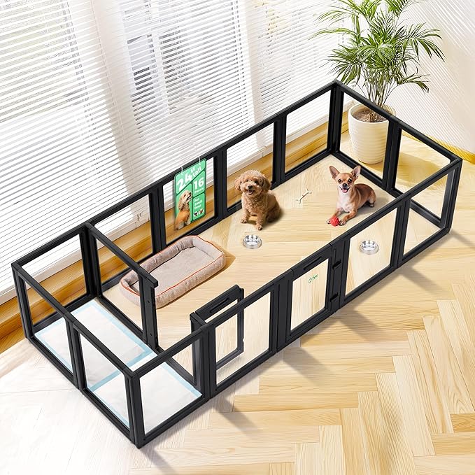 FXW AuraSpace Acrylic Indoor Unleashed Dog Playpen for Puppies and Small Dogs, 24 Inch, 16 Panels, Black