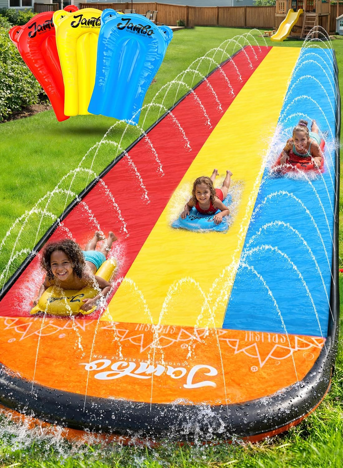 JAMBO Premium Triple Water Slide with 3 Bodyboards - 20ft Triple Lane Multicolor