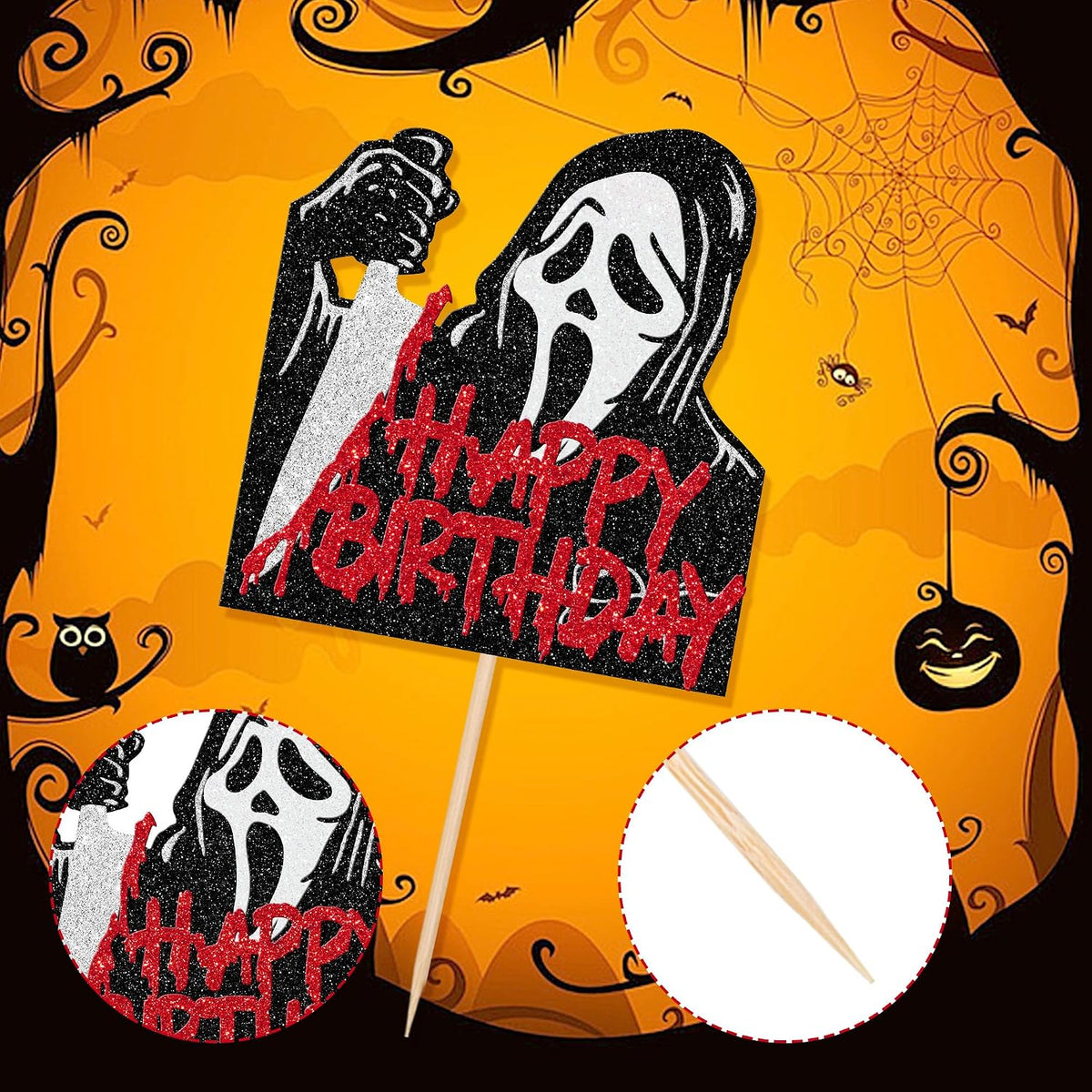 Zhuoweism Halloween horror Happy Birthday glitter cake topper on bamboo stick - view 36
