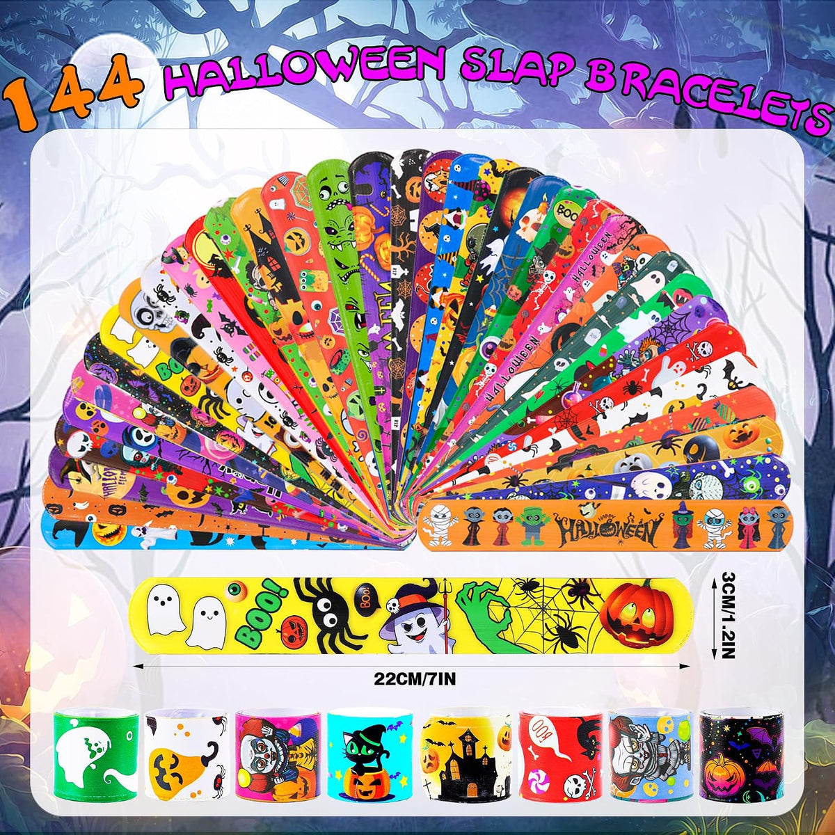LUYI Halloween slap bracelets bulk pack with ghost, pumpkin, bat and witch designs - view 6
