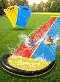 JAMBO Premium Triple Water Slide with 3 Bodyboards - 22.5ft Double Lane Yellow, Blue