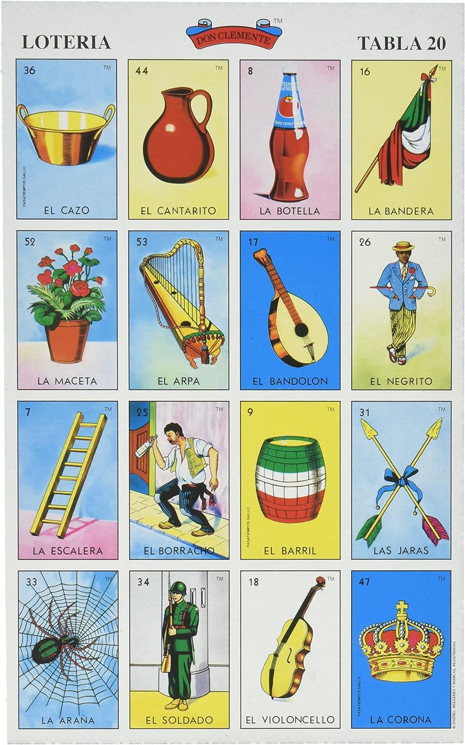 Don Clemente Autentica Loteria Mexican Bingo Set 20 Tablets Colorful