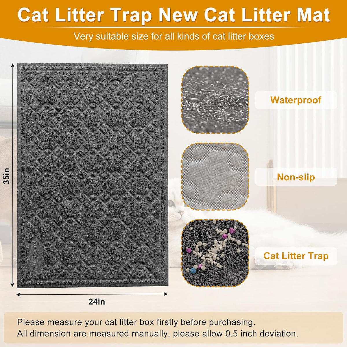 35x24 Inch Large Cat Litter Box Mat, Scatter Control, Waterproof – Daily Care for Cats - 2' x 2'11" (Rectangular) / L-grey - image 2