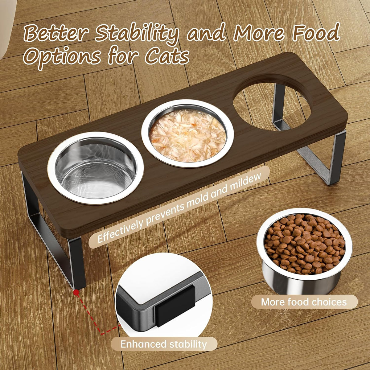 Elevated Cat Bowls with 3 Stainless Steel Bowls - Walnut 1 PACK - image 4